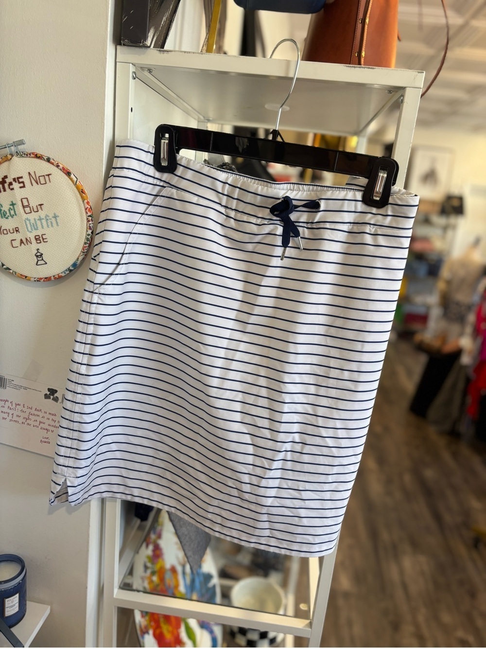 Chico's Navy & White Striped Drawstring athletic Skirt with built in shorts